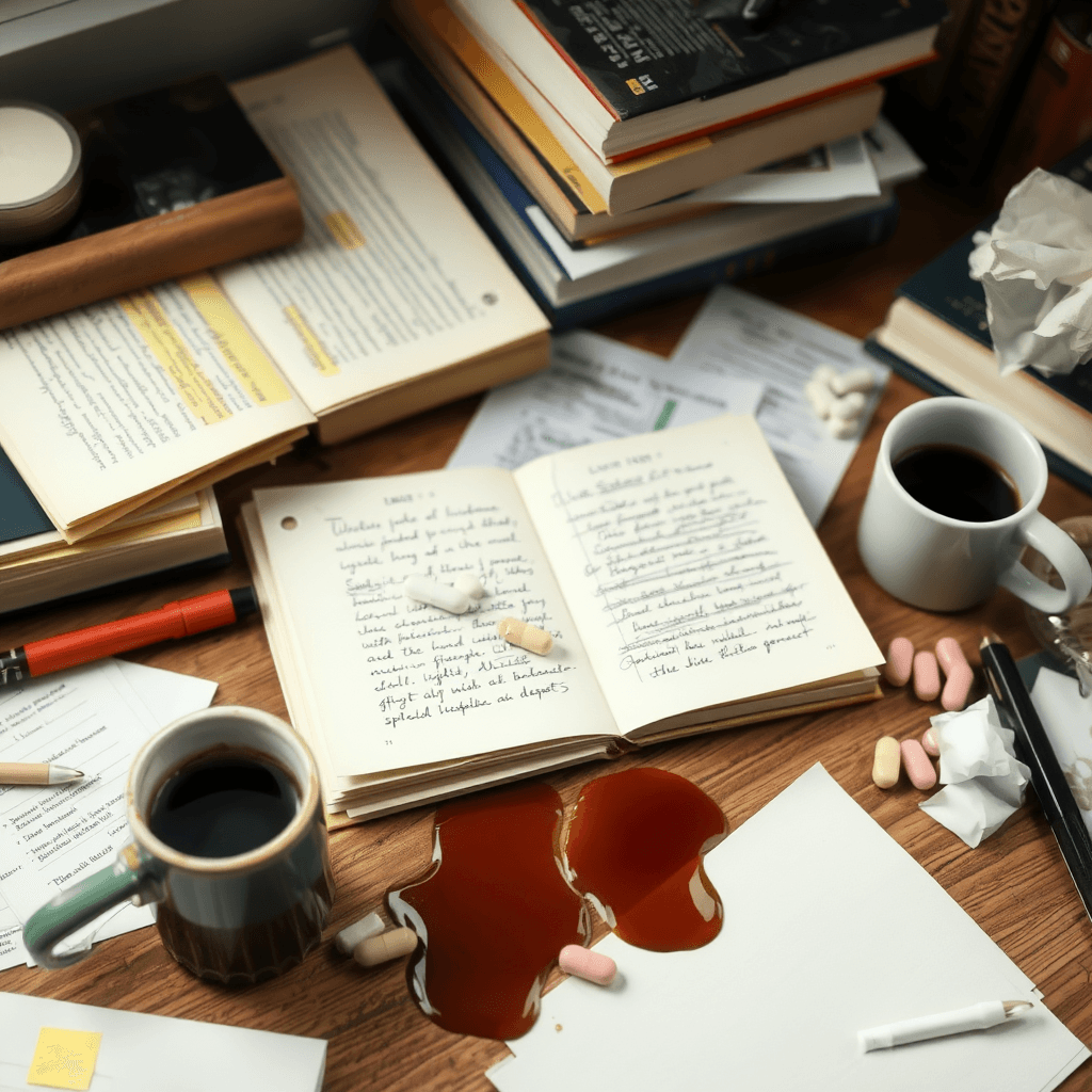 Messy desk at night, stack of highlighted notes some with coffee stains, stack of books, coffee cup, pill jar.