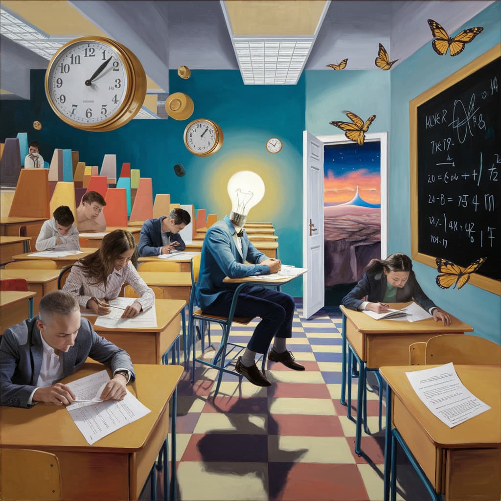 Surrealist painting of a modern exam. Central student sits at a floating desk, their head a glowing lightbulb. Classroom walls warp impossibly. Other students melt into desks like Dalí clocks. Exam papers transform into butterflies. Blackboard equations come alive, numbers floating off. Tiny door in corner opens to vast surreal landscape. Dreamlike lighting, vivid but off-kilter colors. Blend of exam anxiety and sudden clarity in iconic surrealist style.